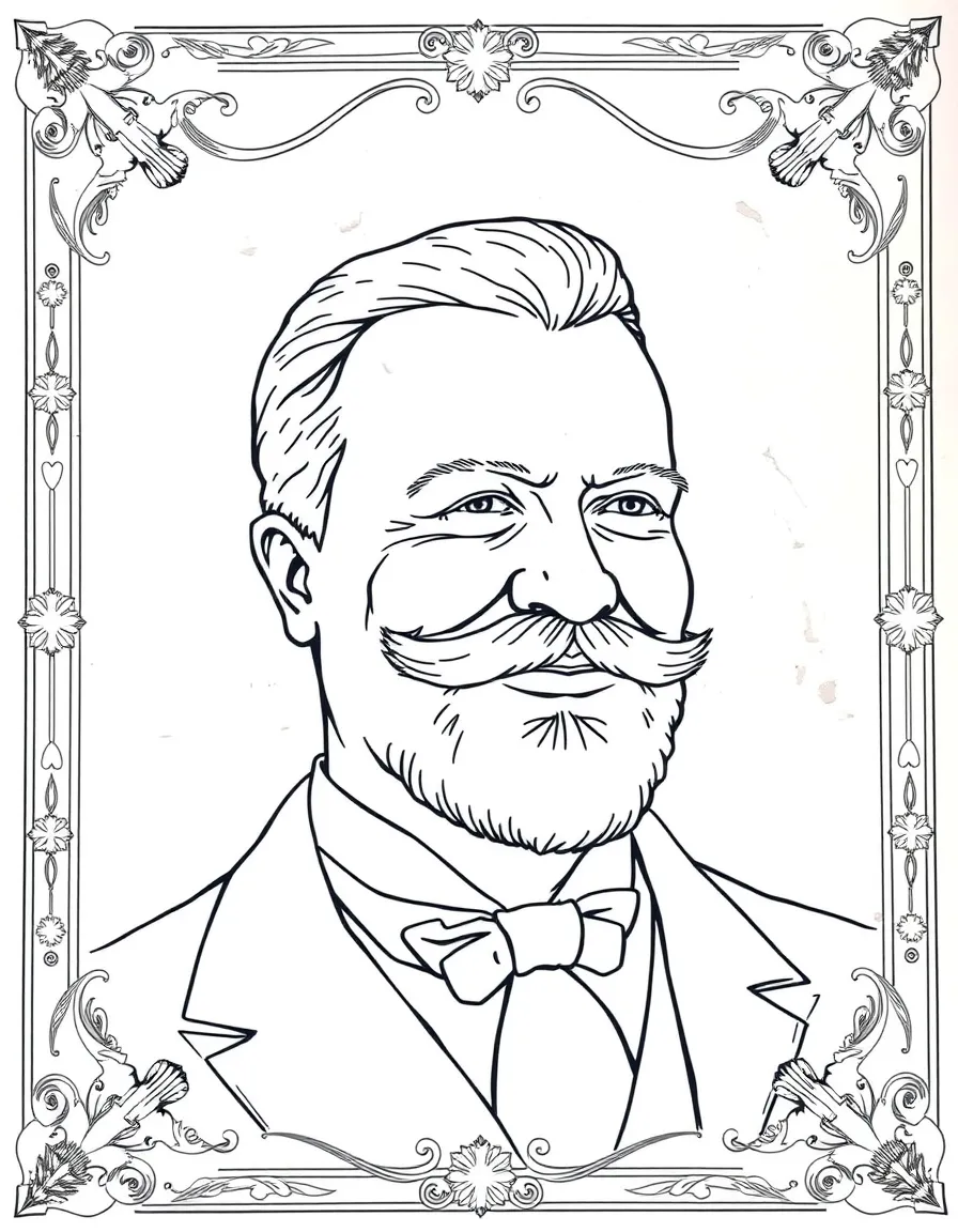 A portrait of Theodore Roosevelt with a big smile, framed with decorative borders and symbols of their time period.