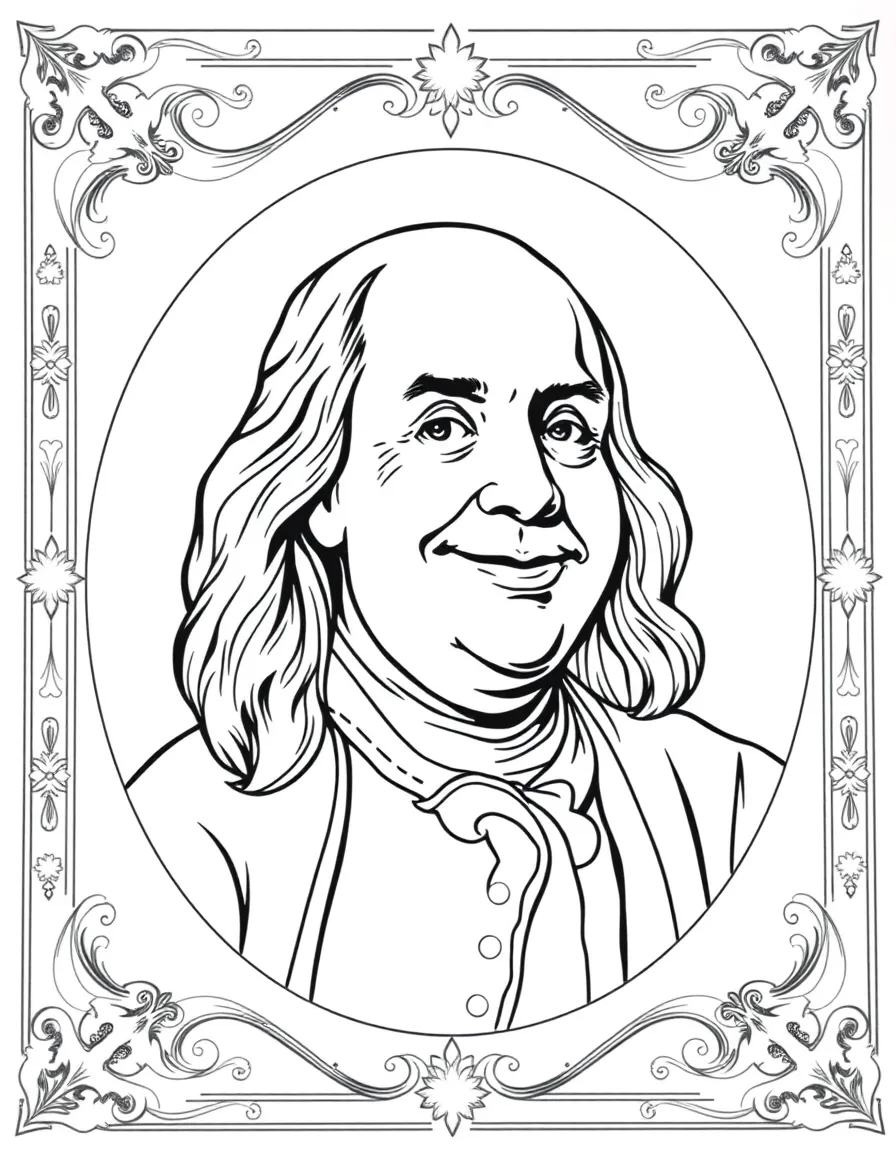 A portrait of Benjamin Franklin with a big smile, framed with decorative borders and symbols of their time period.