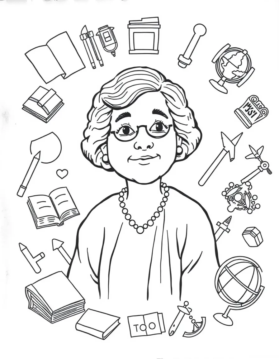 A cartoon-style drawing of Helen Keller surrounded by symbols of their achievements, like books, tools, or globes.