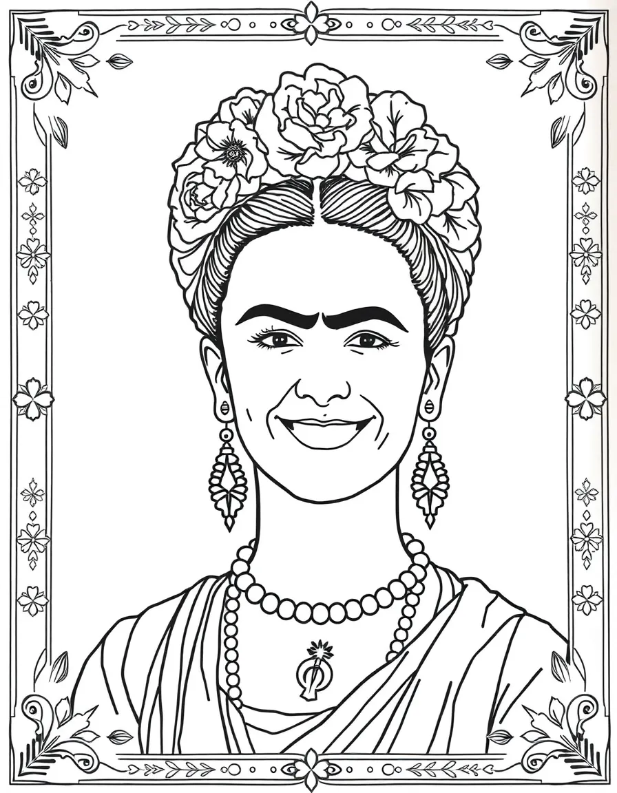A portrait of Frida Kahlo with a big smile, framed with decorative borders and symbols of their time period.