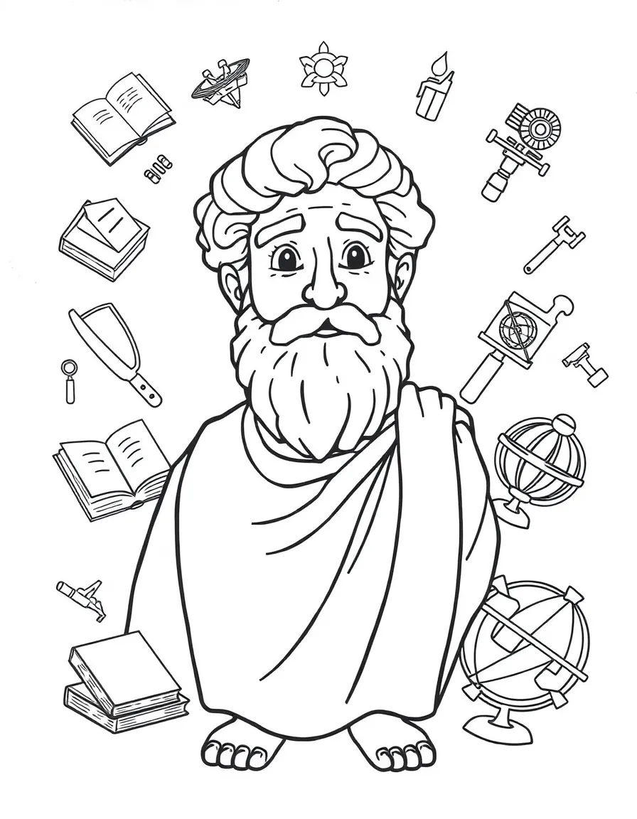 A cartoon-style drawing of Aristotle surrounded by symbols of their achievements, like books, tools, or globes.