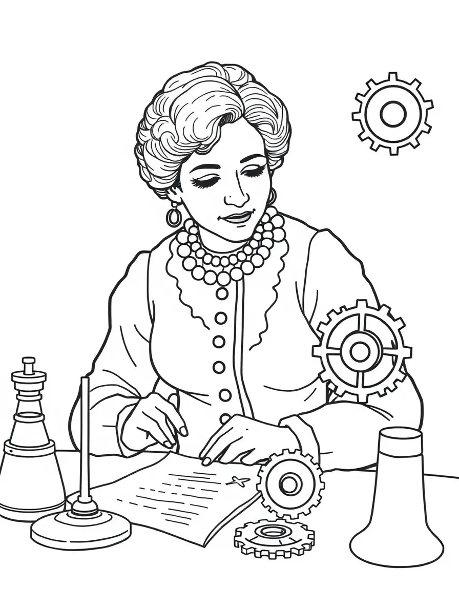 Susan B. Anthony working on their famous invention or idea, with gears, papers, or lab equipment drawn simply.