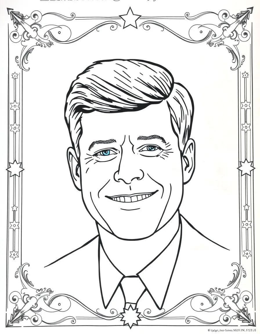 A portrait of John F. Kennedy with a big smile, framed with decorative borders and symbols of their time period.