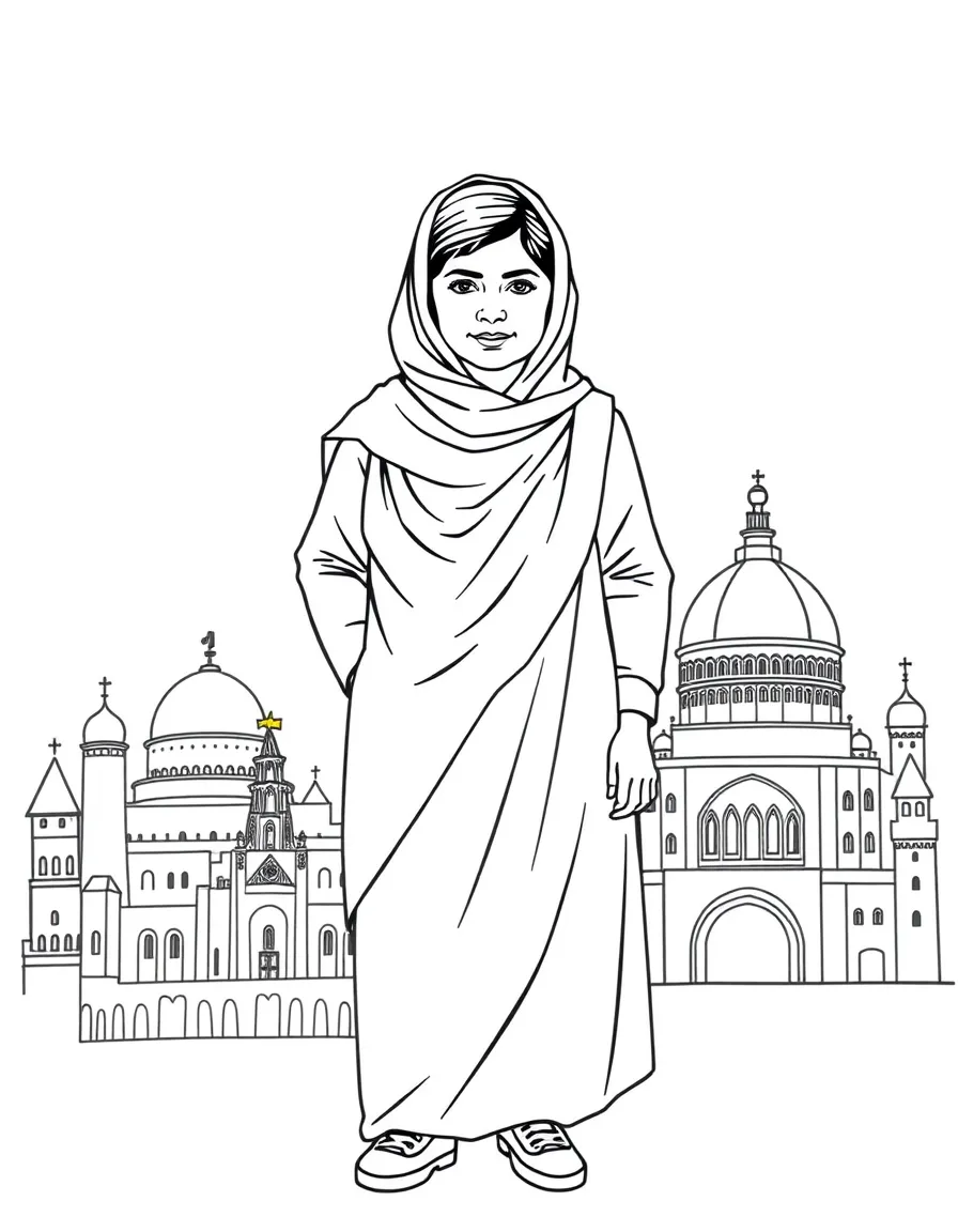 Malala Yousafzai standing proudly with historical landmarks in the background, drawn with clear bold lines for coloring.