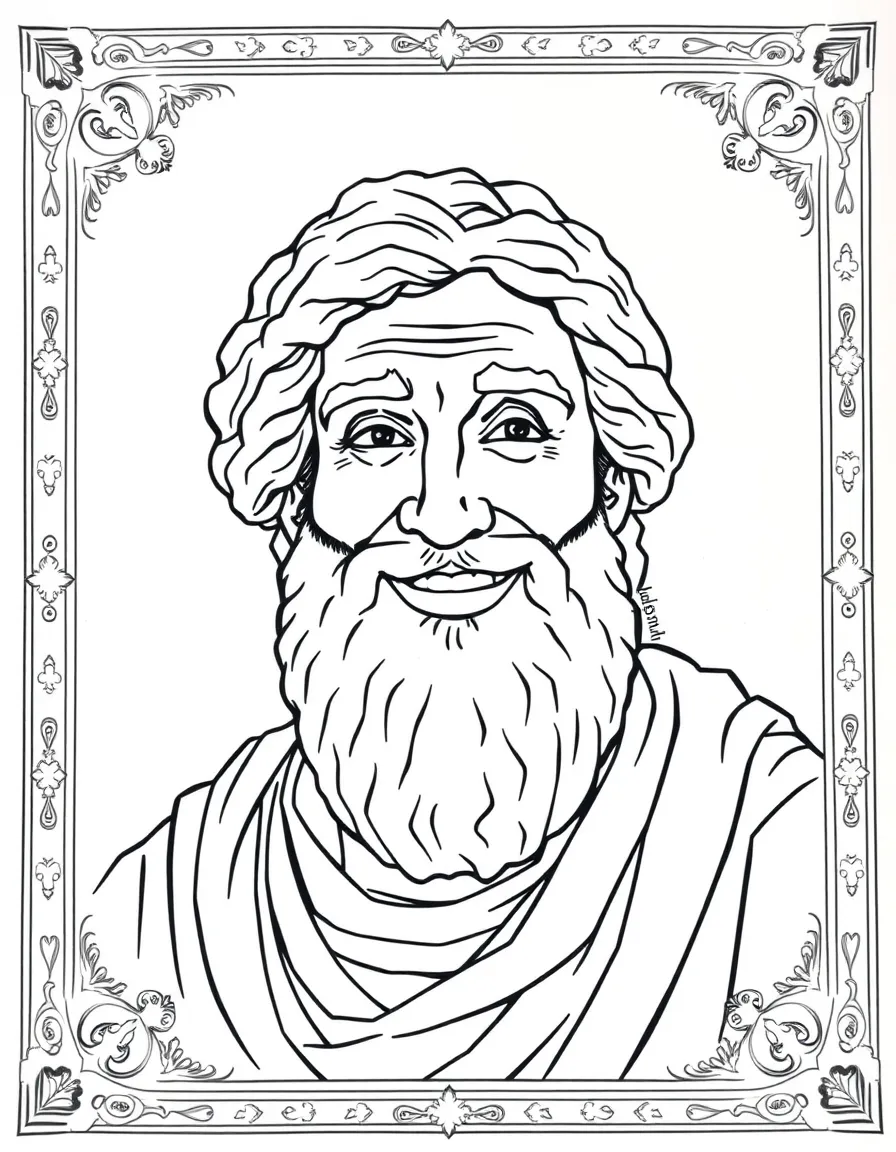 A portrait of Aristotle with a big smile, framed with decorative borders and symbols of their time period.