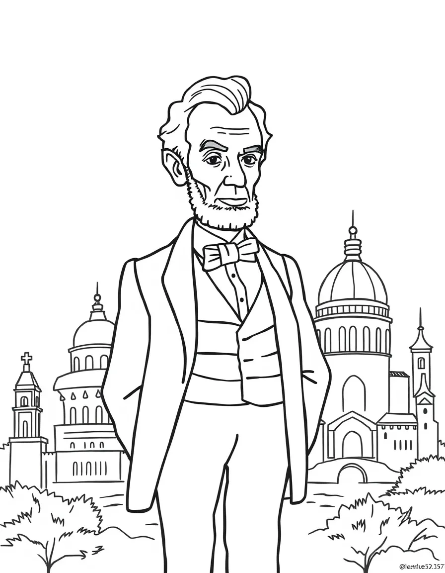 Abraham Lincoln standing proudly with historical landmarks in the background, drawn with clear bold lines for coloring.