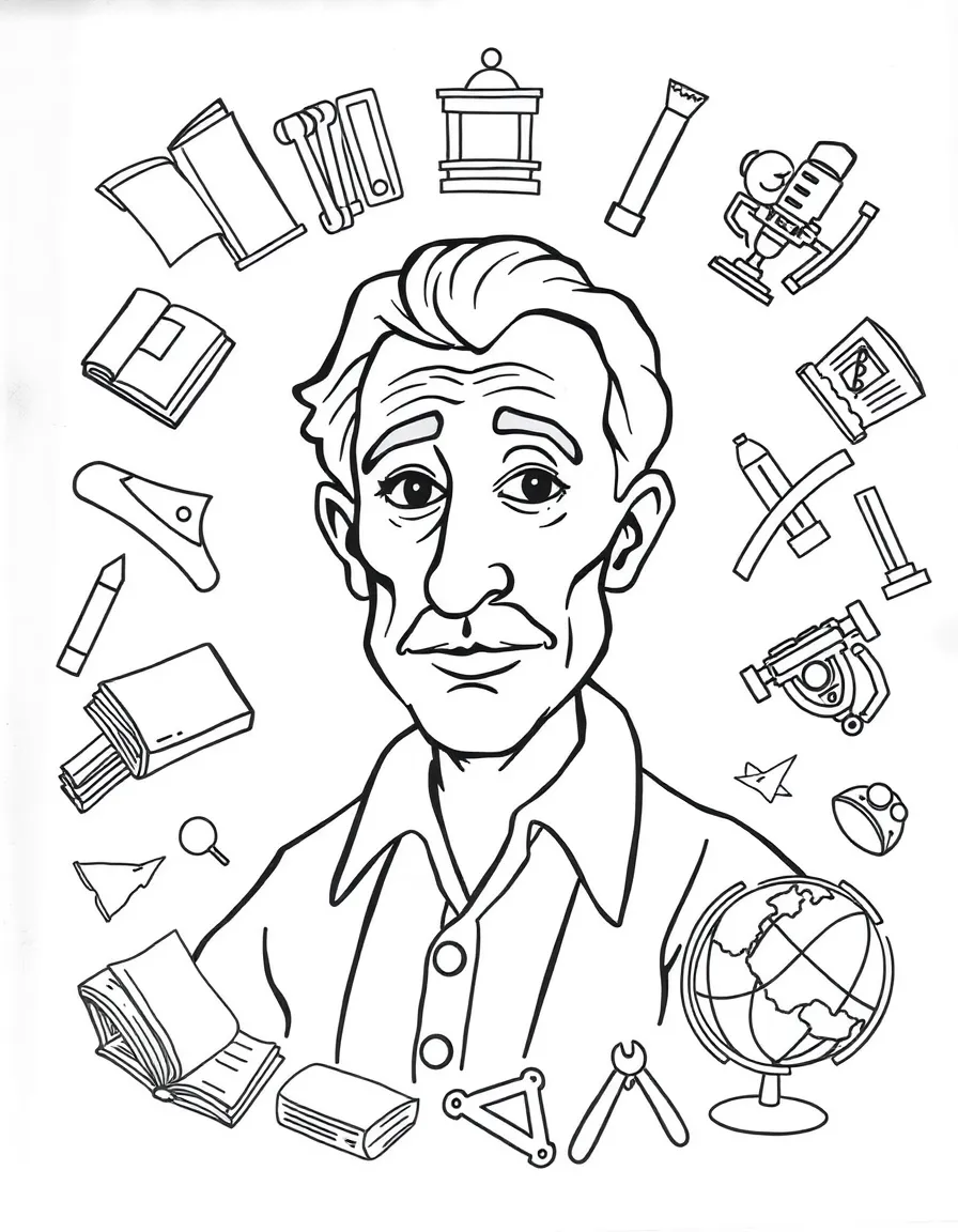 A cartoon-style drawing of Pablo Picasso surrounded by symbols of their achievements, like books, tools, or globes.