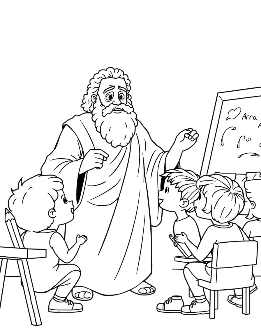 Socrates teaching children, with educational items like chalkboards and pencils, in a friendly classroom scene.