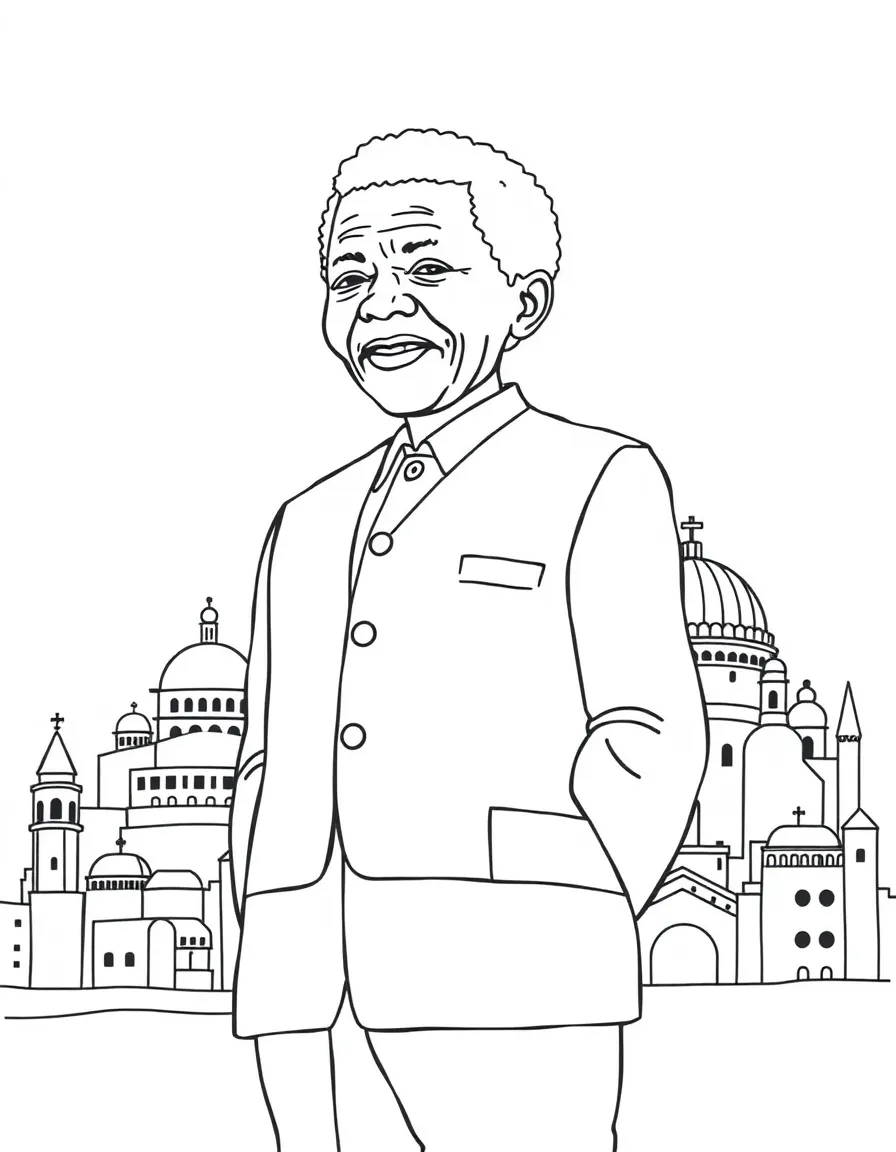 Nelson Mandela standing proudly with historical landmarks in the background, drawn with clear bold lines for coloring.