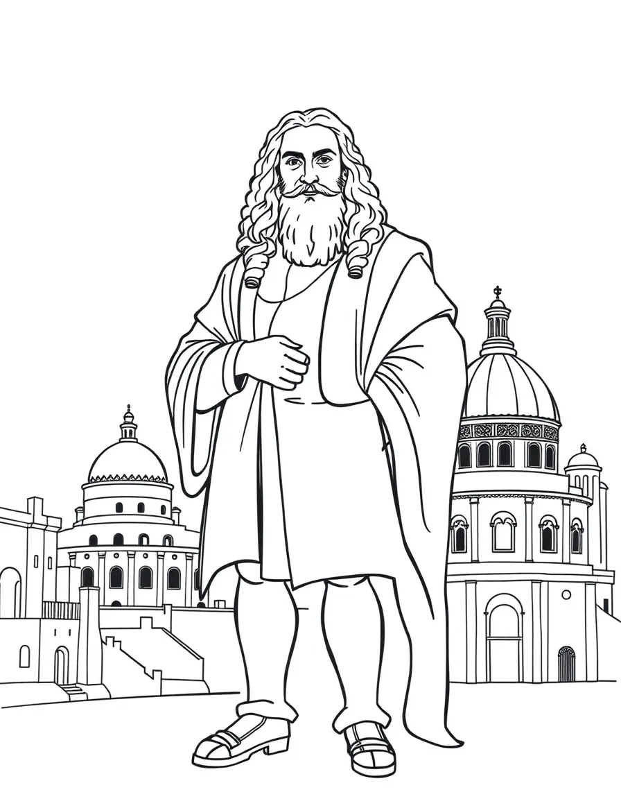 Leonardo da Vinci standing proudly with historical landmarks in the background, drawn with clear bold lines for coloring.