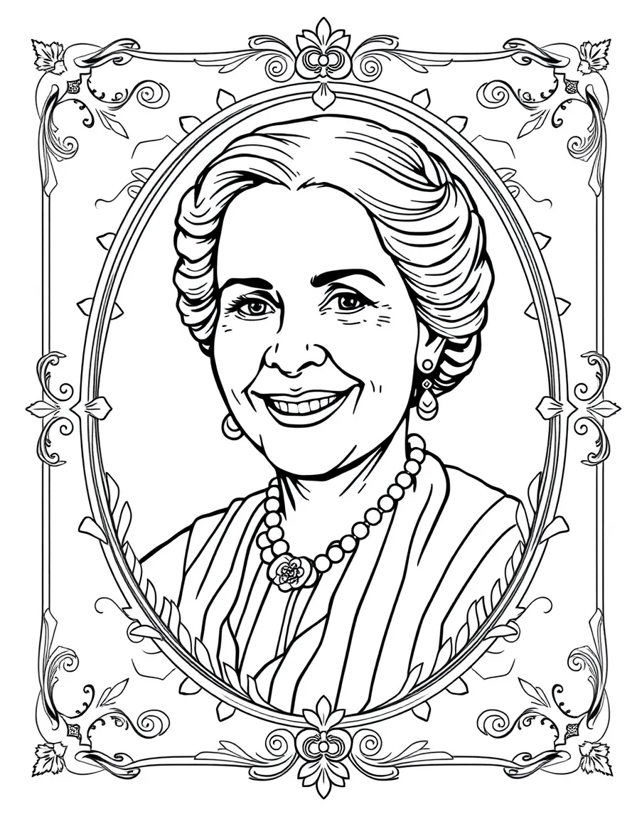 A portrait of Susan B. Anthony with a big smile, framed with decorative borders and symbols of their time period.
