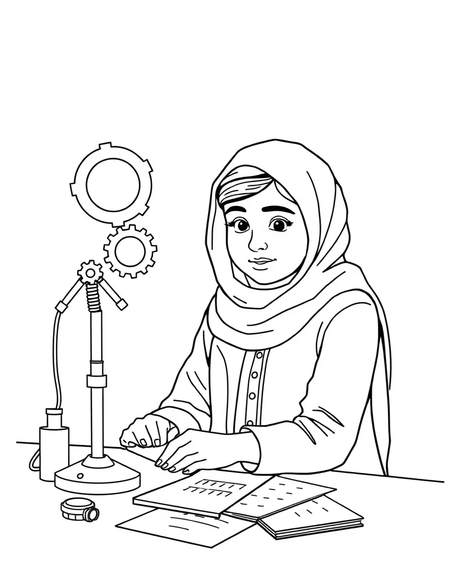 Malala Yousafzai working on their famous invention or idea, with gears, papers, or lab equipment drawn simply.