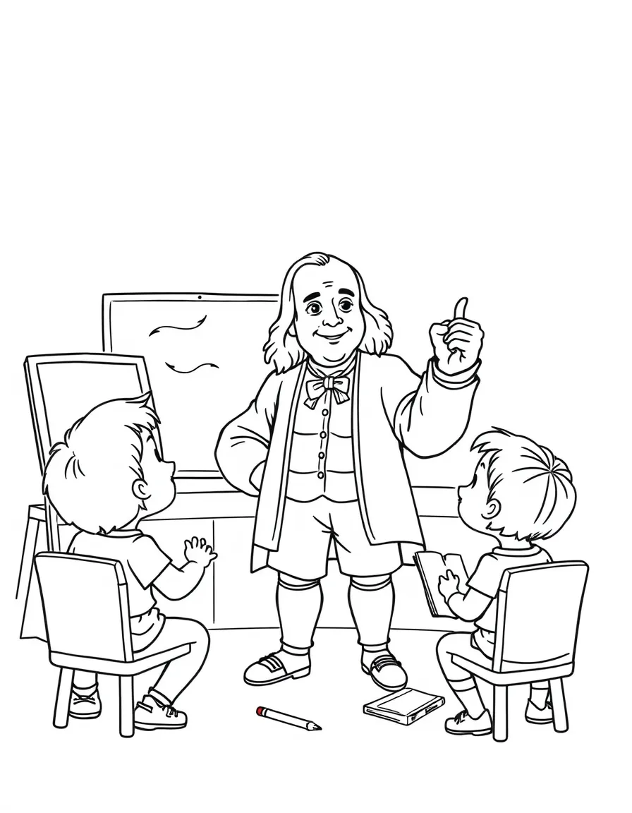 Benjamin Franklin teaching children, with educational items like chalkboards and pencils, in a friendly classroom scene.