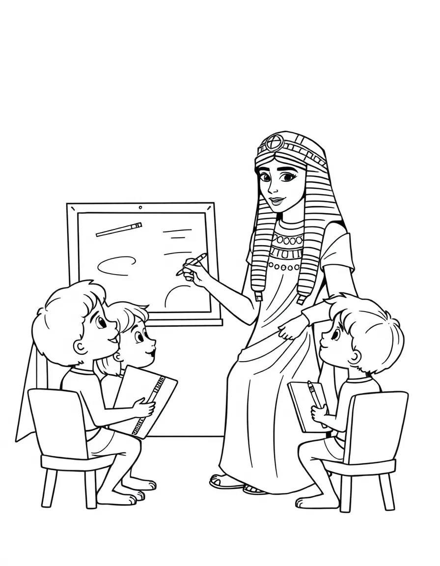 Cleopatra teaching children, with educational items like chalkboards and pencils, in a friendly classroom scene.