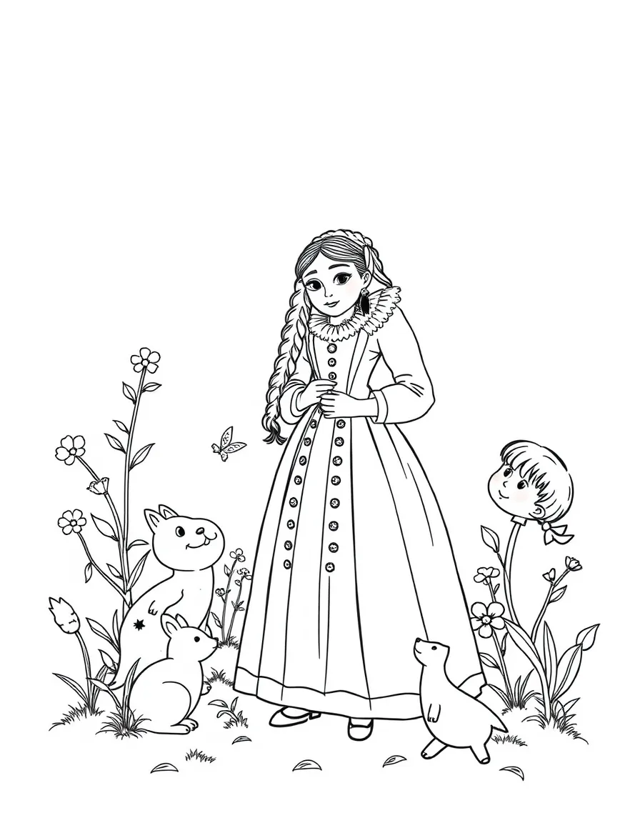 A playful scene showing Ada Lovelace in a historical outfit with animals, plants, or kids nearby.
