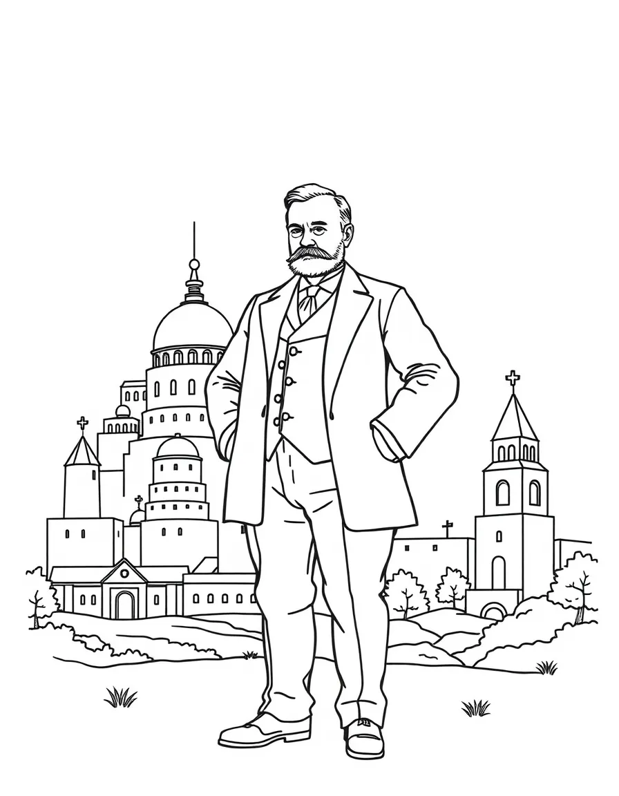 Theodore Roosevelt standing proudly with historical landmarks in the background, drawn with clear bold lines for coloring.