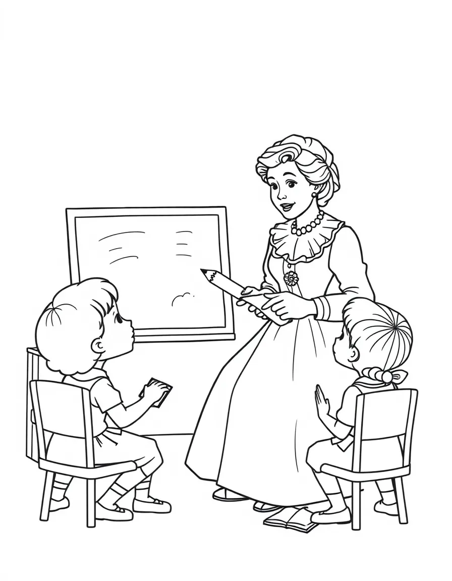 Jane Austen teaching children, with educational items like chalkboards and pencils, in a friendly classroom scene.
