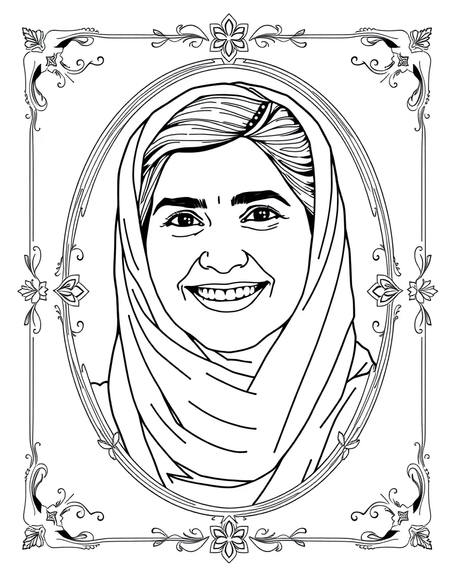 A portrait of Malala Yousafzai with a big smile, framed with decorative borders and symbols of their time period.