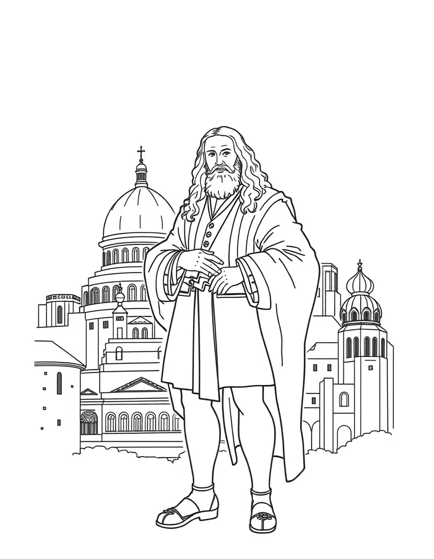 Leonardo da Vinci standing proudly with historical landmarks in the background, drawn with clear bold lines for coloring.