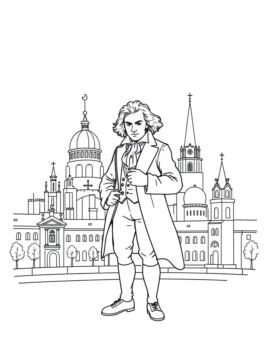 Beethoven standing proudly with historical landmarks in the background, drawn with clear bold lines for coloring.