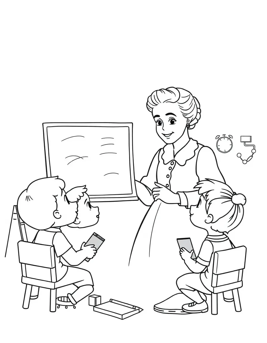 Marie Curie teaching children, with educational items like chalkboards and pencils, in a friendly classroom scene.