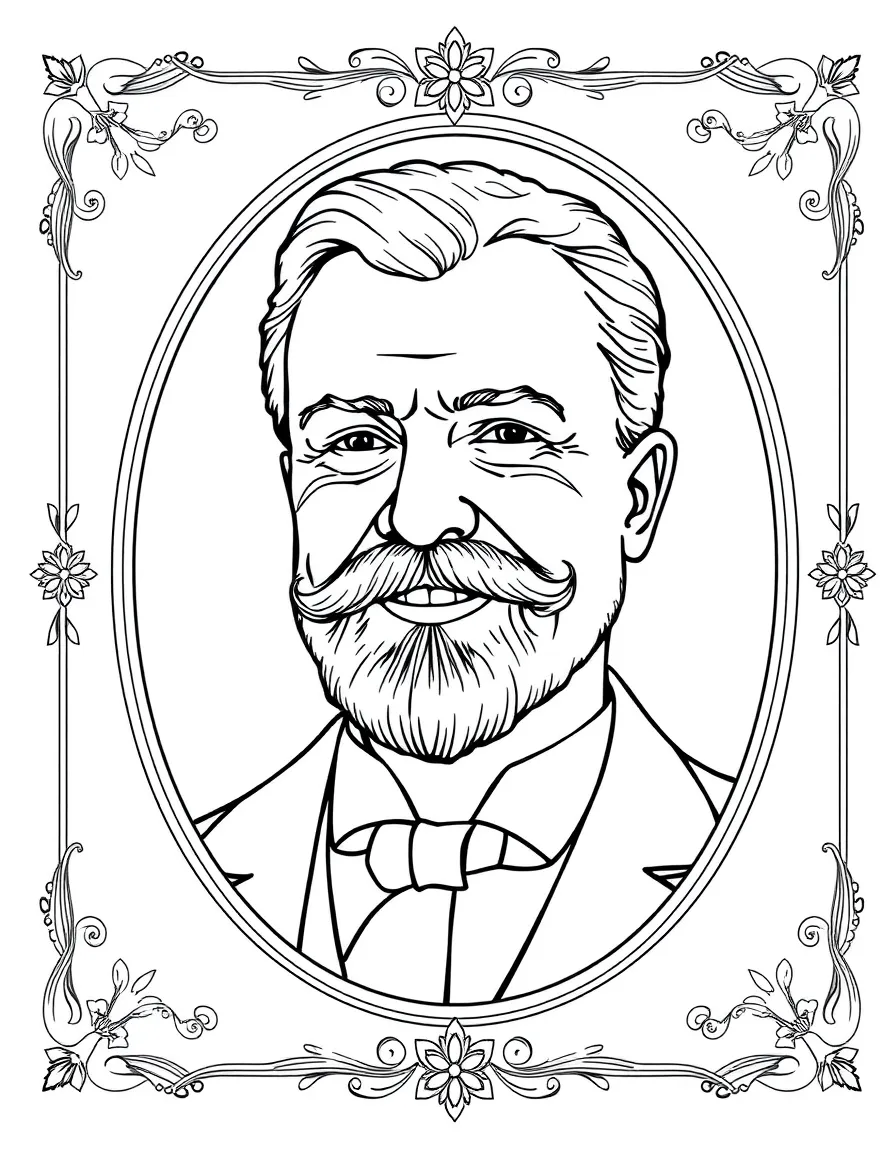 A portrait of Theodore Roosevelt with a big smile, framed with decorative borders and symbols of their time period.