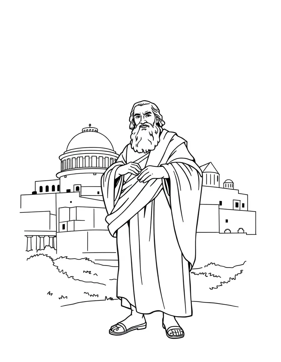 Socrates standing proudly with historical landmarks in the background, drawn with clear bold lines for coloring.