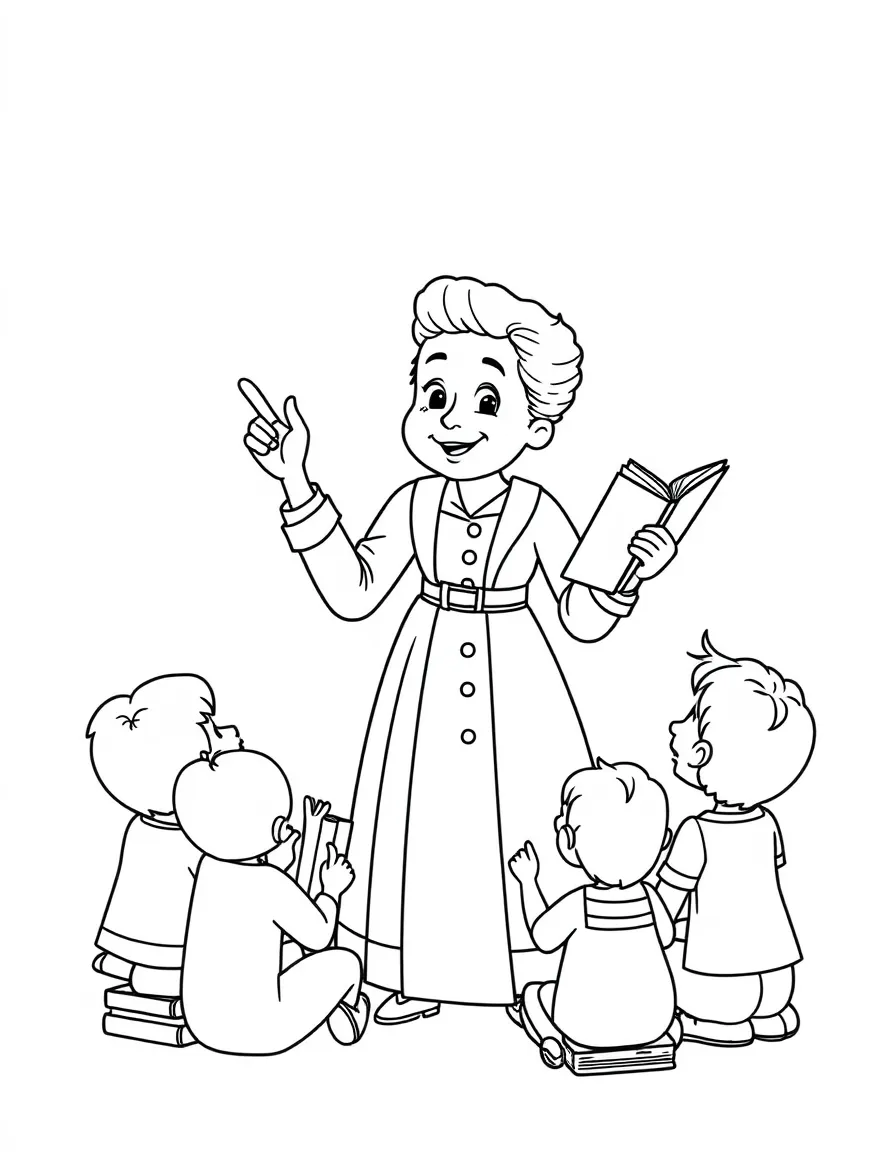 A fun coloring page of Marie Curie giving a speech to children with books and peace signs around.