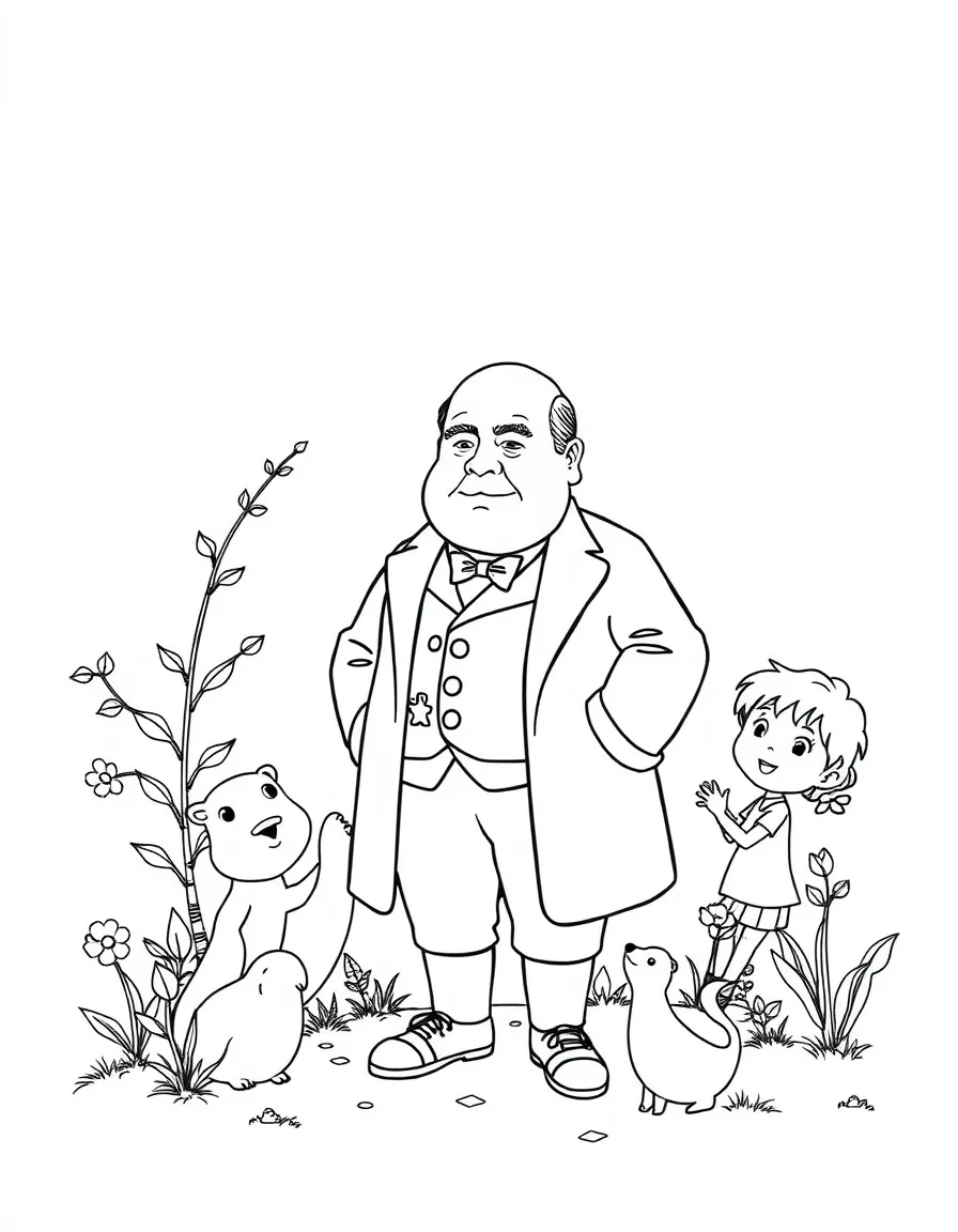 A playful scene showing Winston Churchill in a historical outfit with animals, plants, or kids nearby.