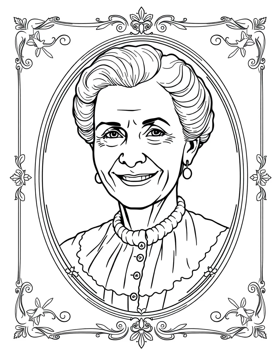 A portrait of Marie Curie with a big smile, framed with decorative borders and symbols of their time period.