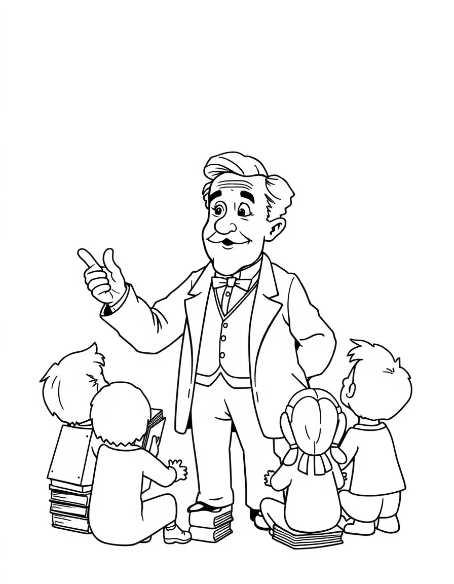 A fun coloring page of Thomas Edison giving a speech to children with books and peace signs around.