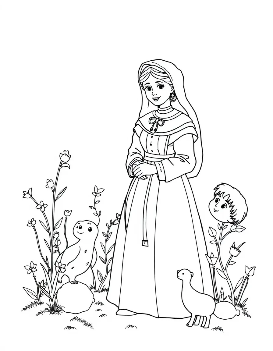 A playful scene showing Florence Nightingale in a historical outfit with animals, plants, or kids nearby.