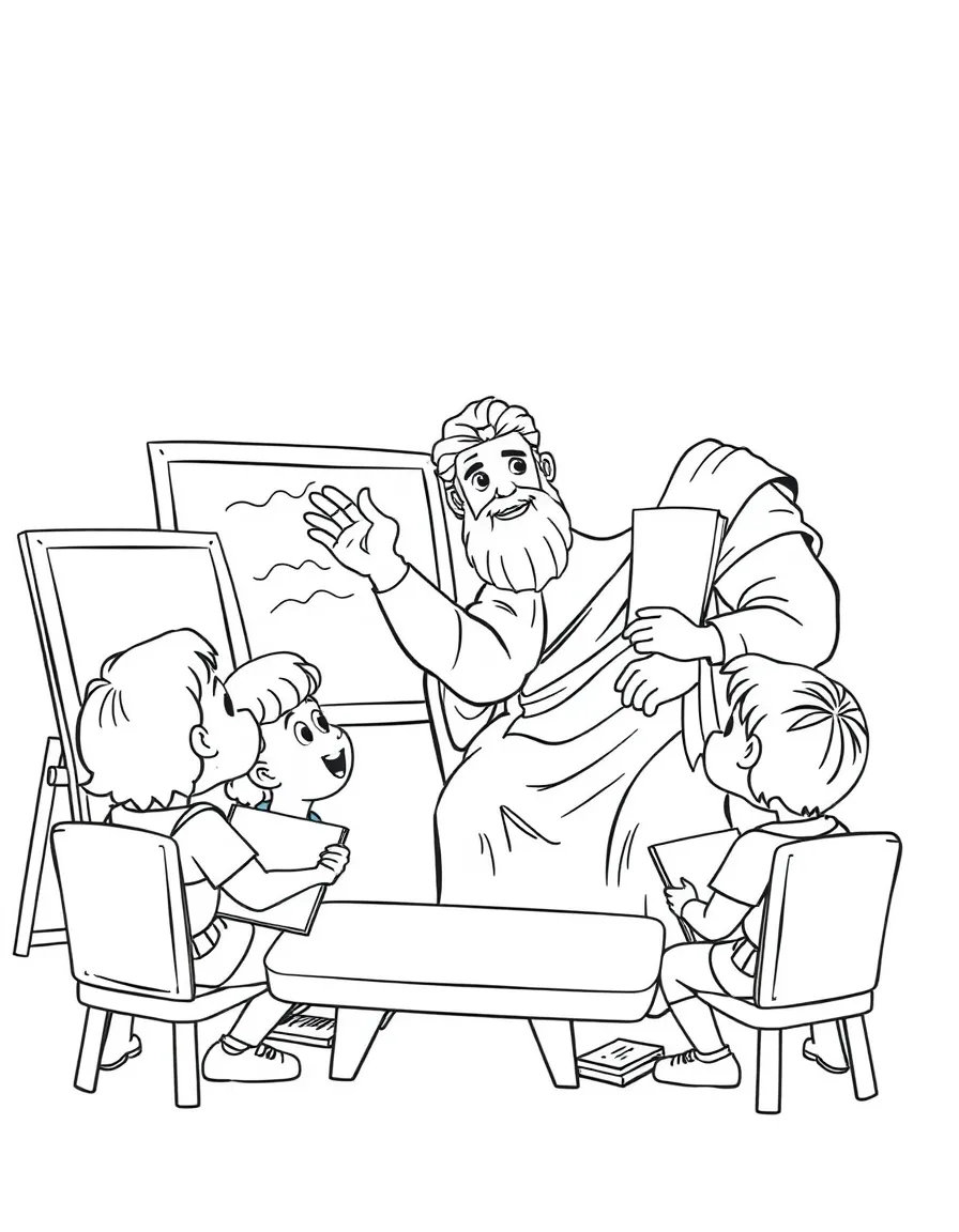 Alexander the Great teaching children, with educational items like chalkboards and pencils, in a friendly classroom scene.