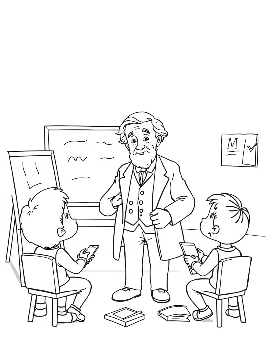 Thomas Edison teaching children, with educational items like chalkboards and pencils, in a friendly classroom scene.
