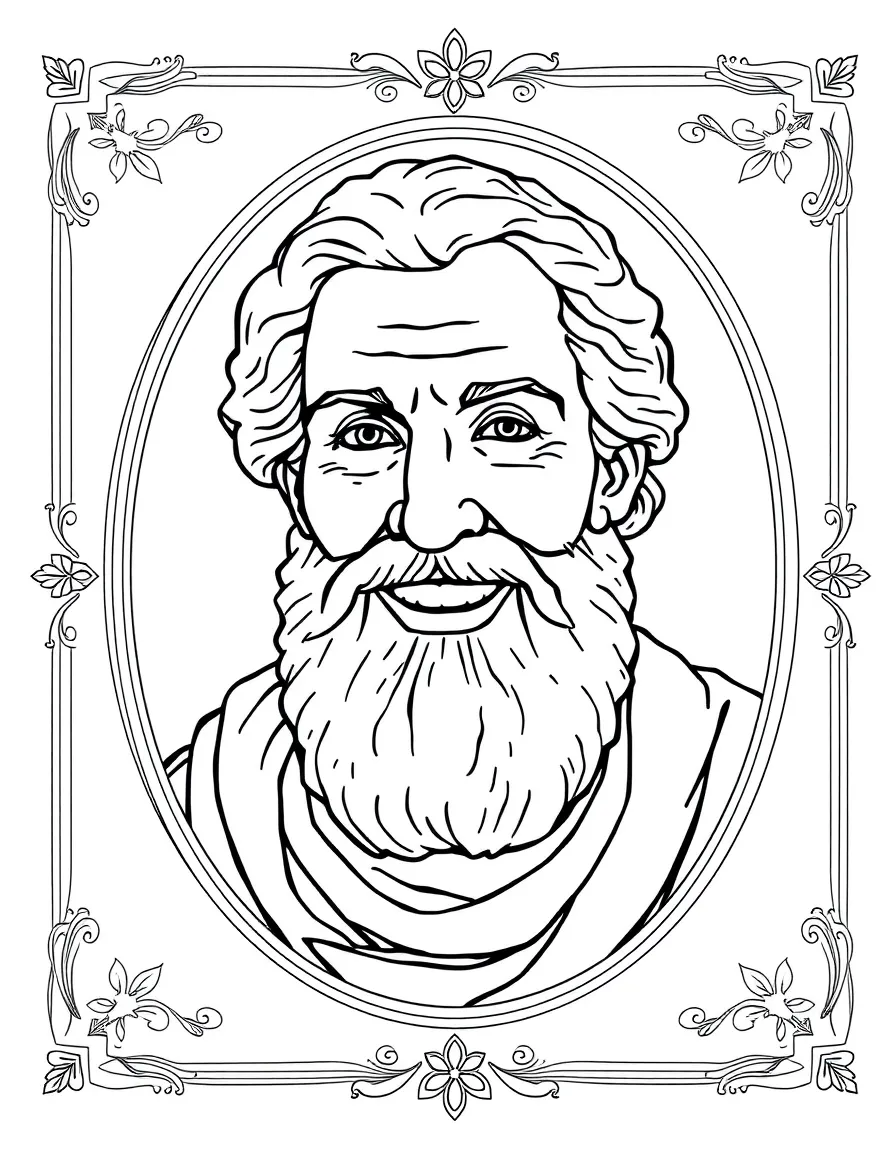 A portrait of Plato with a big smile, framed with decorative borders and symbols of their time period.