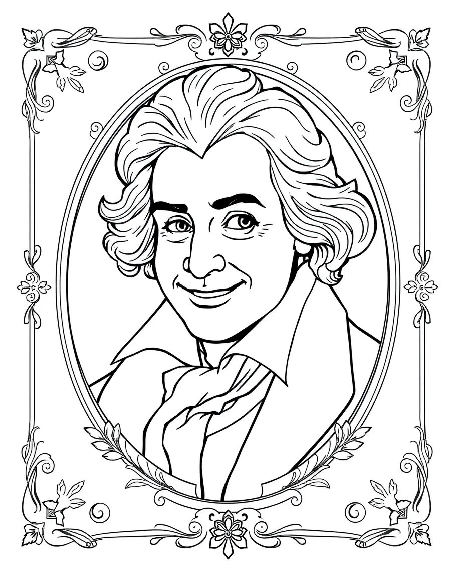 A portrait of Beethoven with a big smile, framed with decorative borders and symbols of their time period.