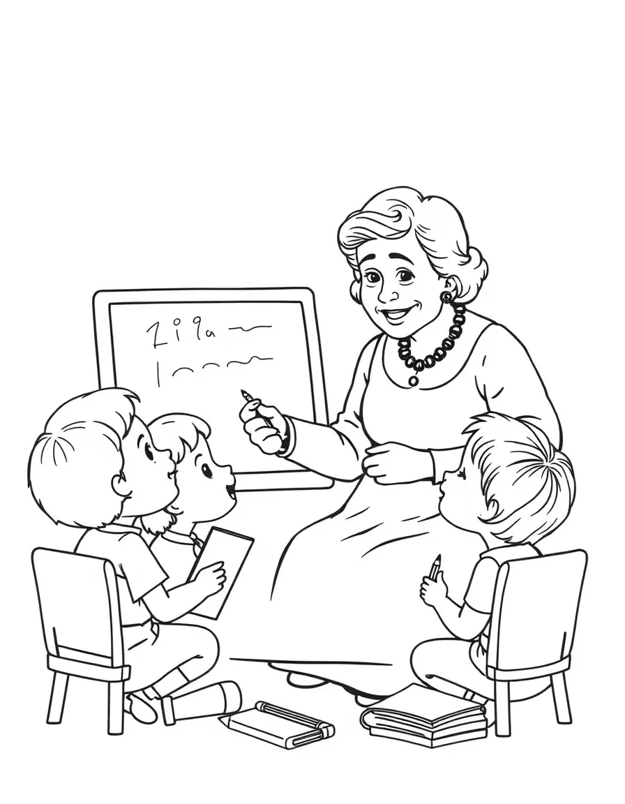 Helen Keller teaching children, with educational items like chalkboards and pencils, in a friendly classroom scene.