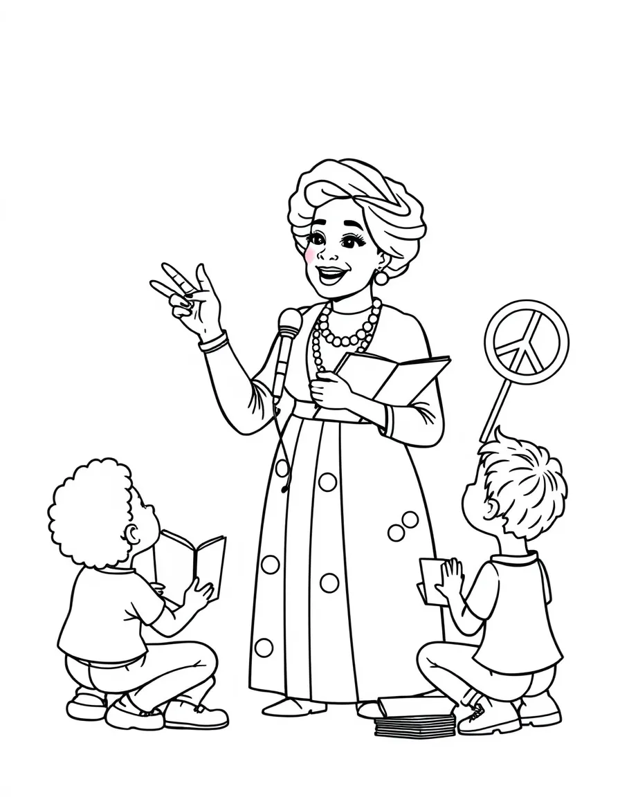 A fun coloring page of Rosa Parks giving a speech to children with books and peace signs around.