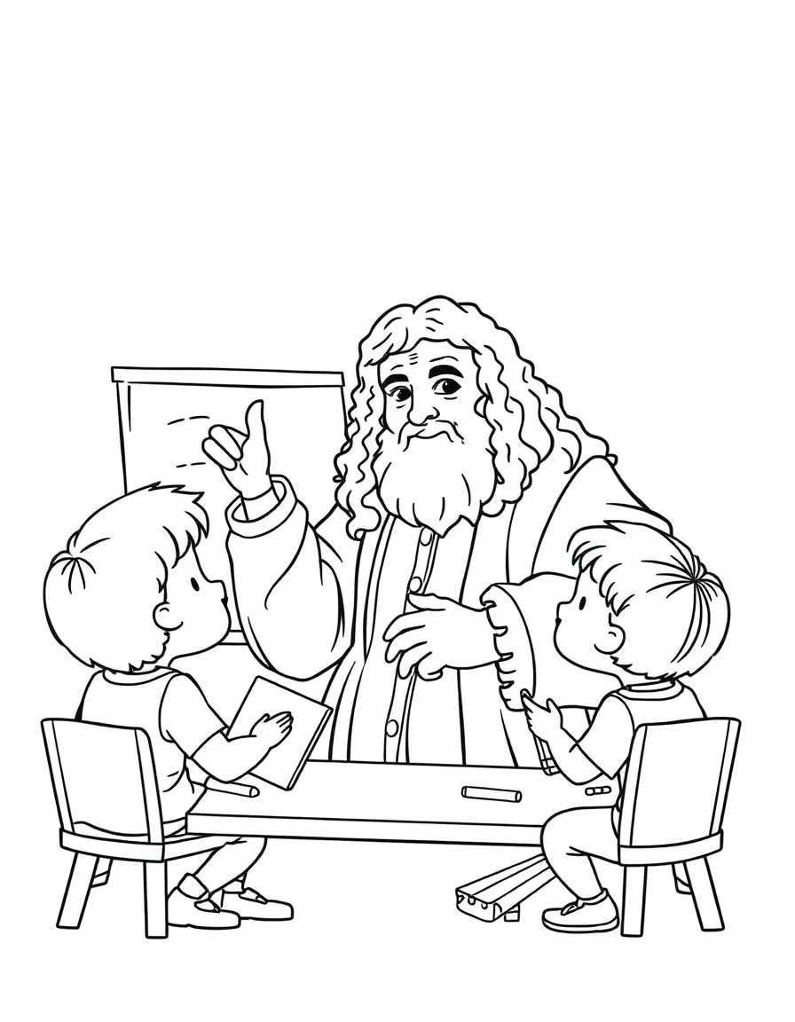 Leonardo da Vinci teaching children, with educational items like chalkboards and pencils, in a friendly classroom scene.