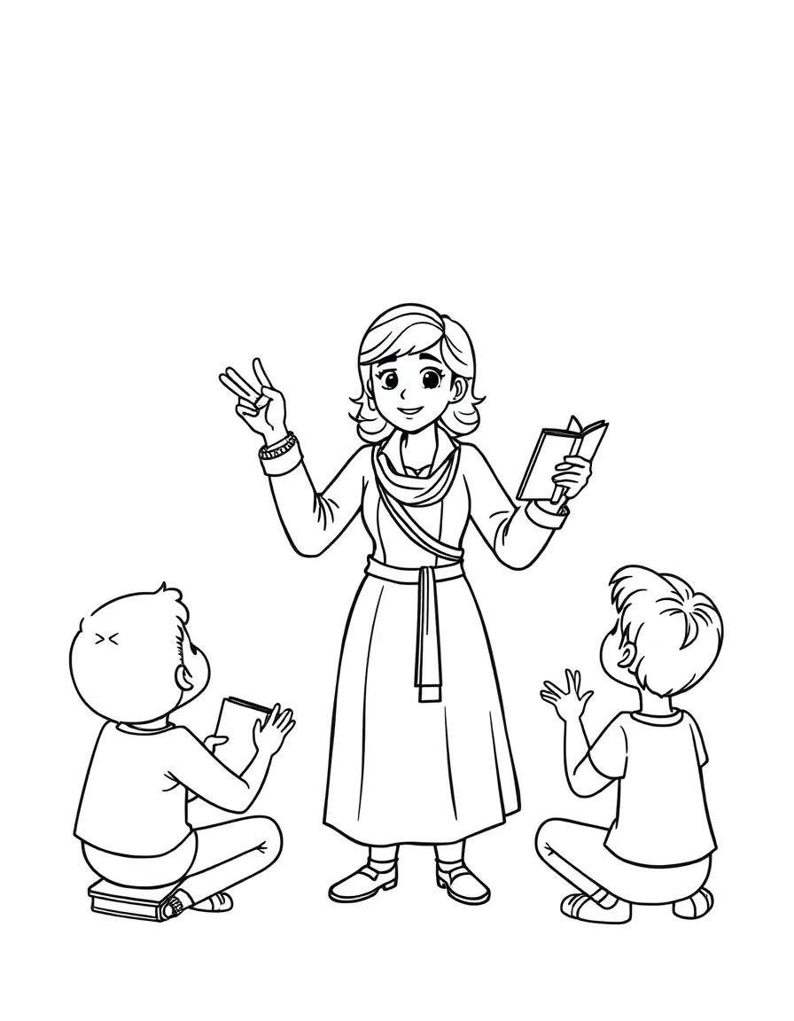 A fun coloring page of Amelia Earhart giving a speech to children with books and peace signs around.