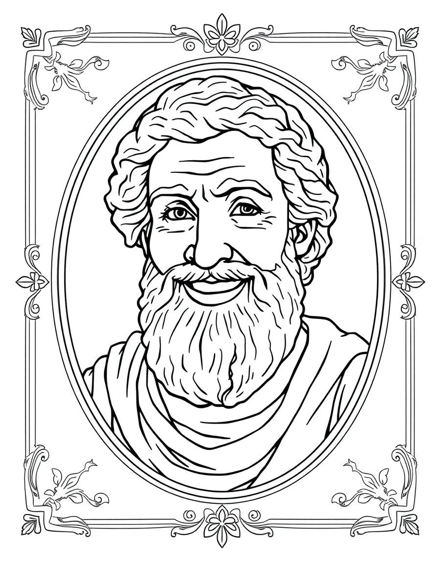 A portrait of Aristotle with a big smile, framed with decorative borders and symbols of their time period.
