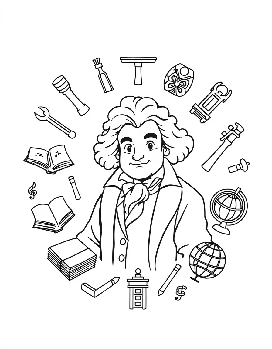 A cartoon-style drawing of Beethoven surrounded by symbols of their achievements, like books, tools, or globes.