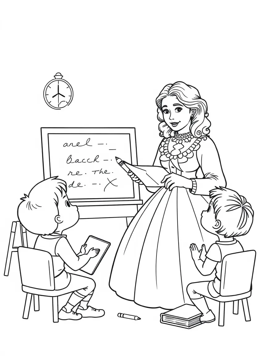 Ada Lovelace teaching children, with educational items like chalkboards and pencils, in a friendly classroom scene.