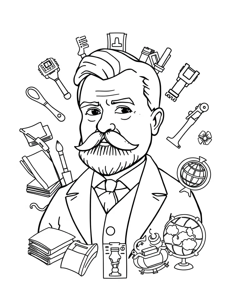 A cartoon-style drawing of Theodore Roosevelt surrounded by symbols of their achievements, like books, tools, or globes.