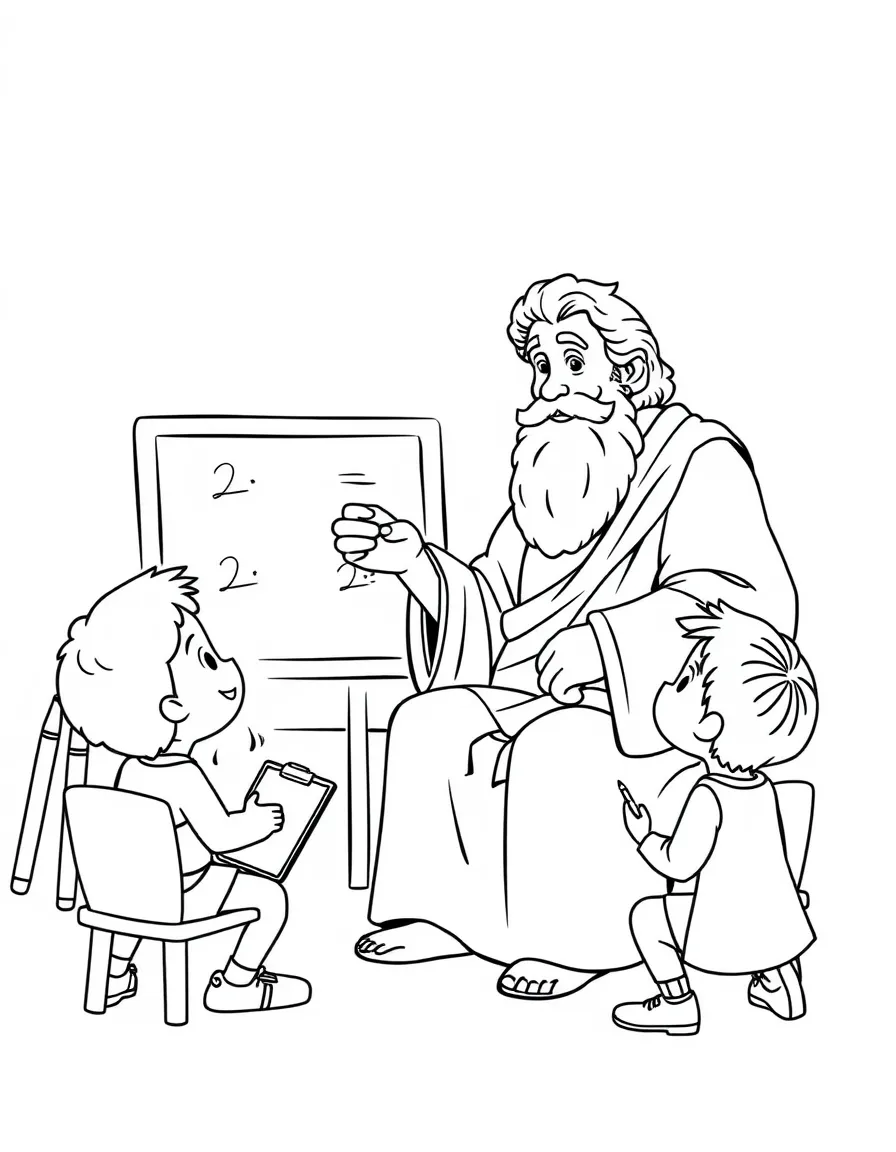 Plato teaching children, with educational items like chalkboards and pencils, in a friendly classroom scene.