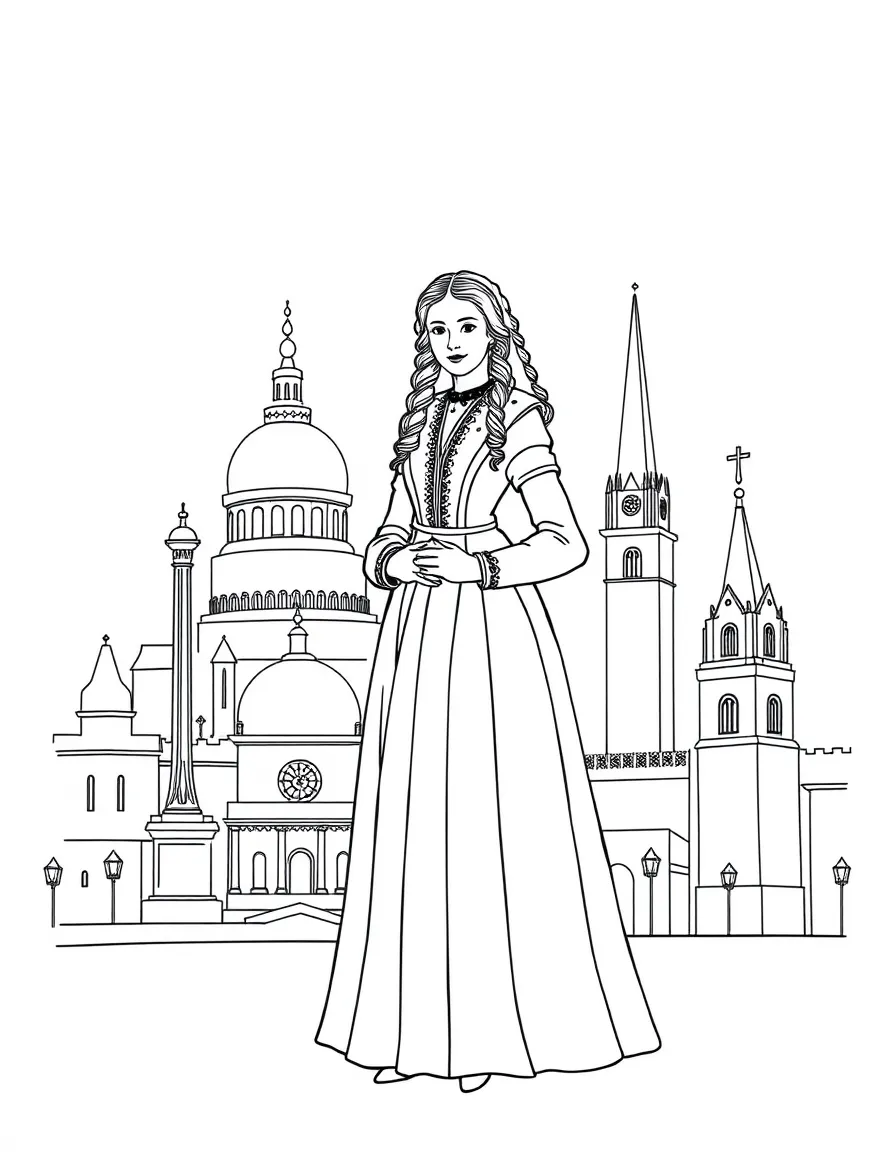Ada Lovelace standing proudly with historical landmarks in the background, drawn with clear bold lines for coloring.