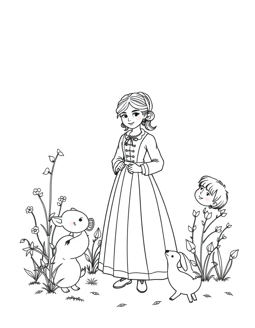 A playful scene showing Jane Austen in a historical outfit with animals, plants, or kids nearby.