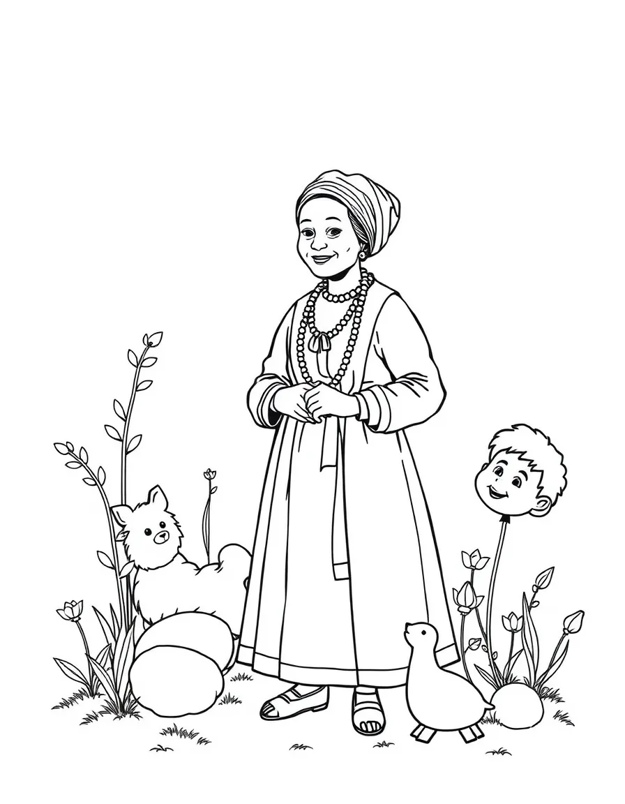 A playful scene showing Harriet Tubman in a historical outfit with animals, plants, or kids nearby.