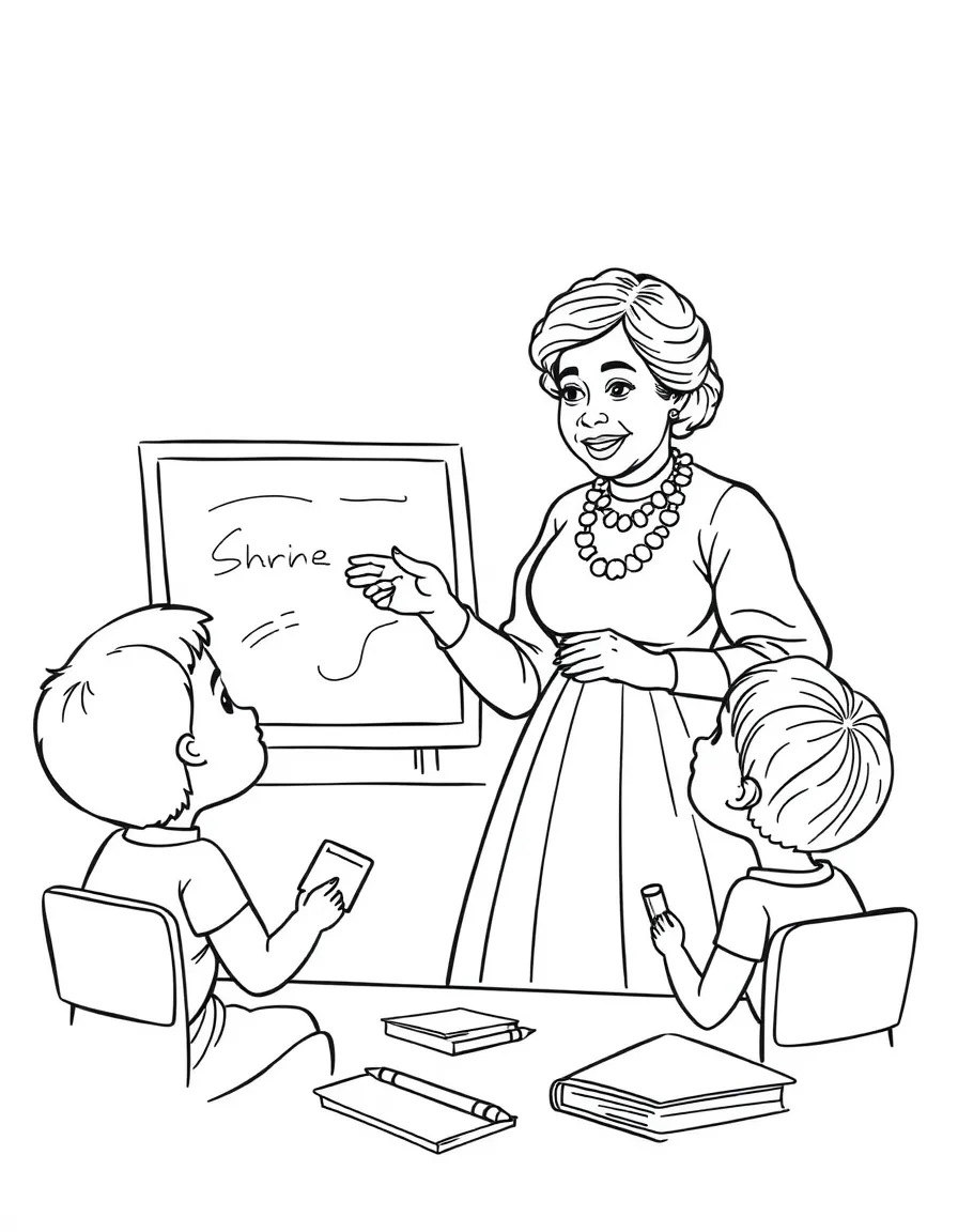 Susan B. Anthony teaching children, with educational items like chalkboards and pencils, in a friendly classroom scene.
