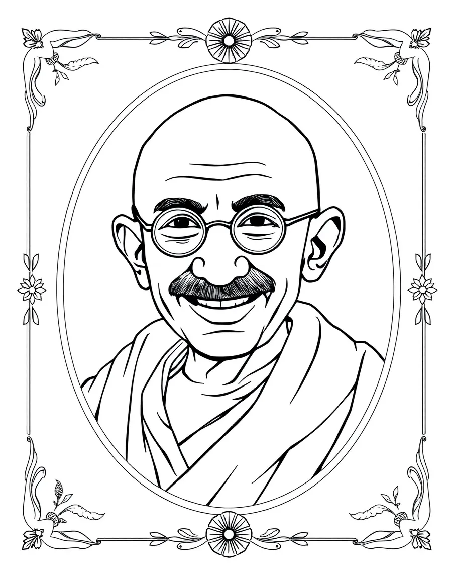 A portrait of Mahatma Gandhi with a big smile, framed with decorative borders and symbols of their time period.